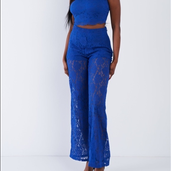 Royal Blue Floral Lace Bandeau & pant set - Picture 4 of 6